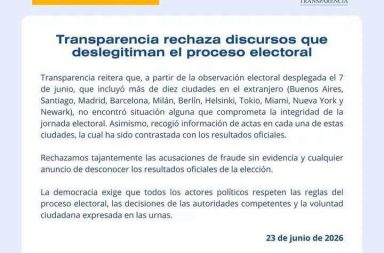 TRANSPARENCIA RECHAZA CUESTIONAMIENTOS A LOS RESULTADOS DE LAS ELECCIONES
