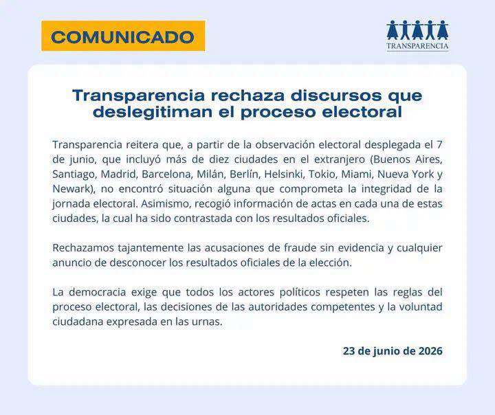 TRANSPARENCIA RECHAZA CUESTIONAMIENTOS A LOS RESULTADOS DE LAS ELECCIONES