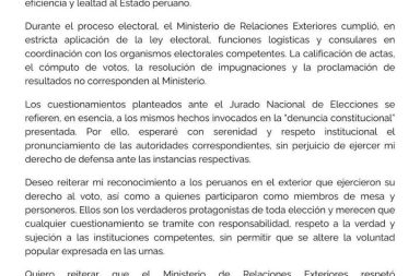Defensa institucional: el ministro de Relaciones Exteriores descarta irregularidades en el voto de peruanos en el extranjero