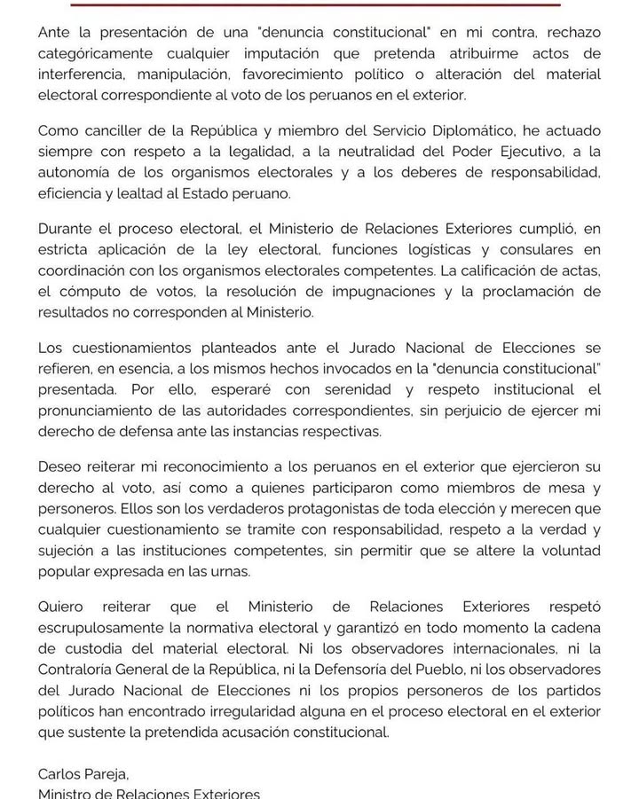 Defensa institucional: el ministro de Relaciones Exteriores descarta irregularidades en el voto de peruanos en el extranjero