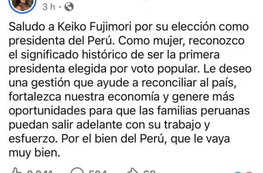 Carla García, hija de Alan García, saluda a Keiko Fujimori por su triunfo y le augura éxitos en su importante gestión: