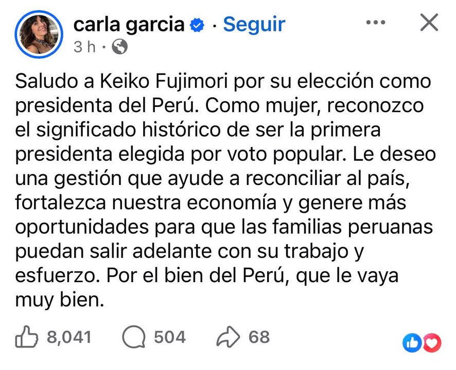 Carla García, hija de Alan García, saluda a Keiko Fujimori por su triunfo y le augura éxitos en su importante gestión: